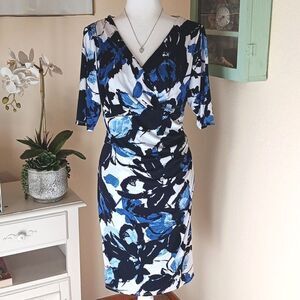 Lauren Ralph Lauren Cream and Blue Floral Dress. Career. Professional.